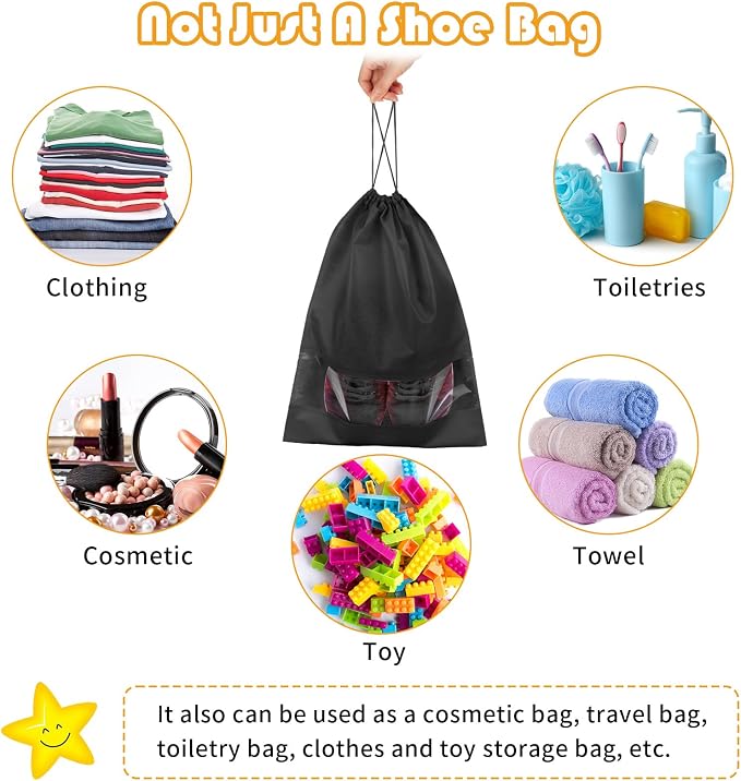 Black Travel Shoe Bags - 5 Pcs Non-Woven Packing Bags with Clear Window | 15.7" x 11.8" Waterproof Dustproof Portable Travel Shoe Storage Bag for Men and Women - Image 6