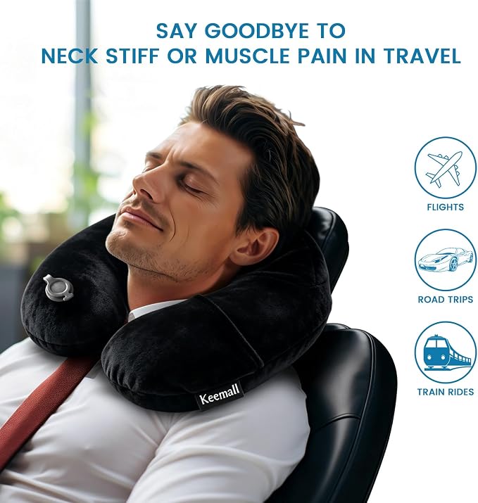 Keemall Portable Inflatable Travel Neck Pillow for Airplane, Car & Office | Ergonomic Velvet Cervical Cushion Relieves Neck Pain, Great for Business Travel, Plane, Car & Daily Commute, Premium Black - Image 5
