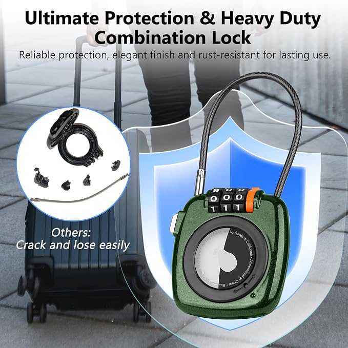 Compatible with Apple AirTag Secure Lock with Wire Cable, 3-Digit Combination Luggage Locks, Alloy Body Ultra Durable Anti-Lost Protective Case for Luggage, Suitcase (Green*4) - Image 6