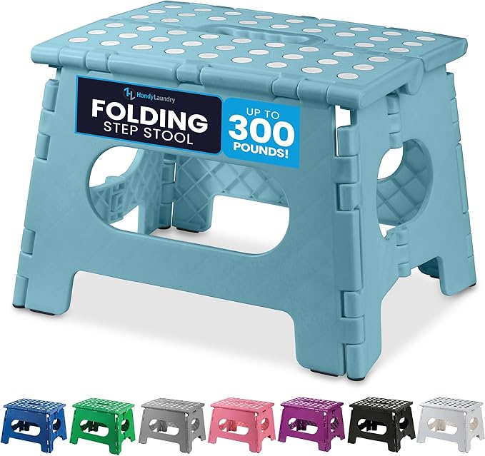 Handy Laundry Folding Step Stool 9 Inch, Teal, Non-Slip Holds 300 lbs | 9 Inch, Teal, Foldable Collapsible Step Stool, Non-Slip, Holds 300 lbs, Kitchen Bathroom Bedroom, Adults by Handy+Laundry