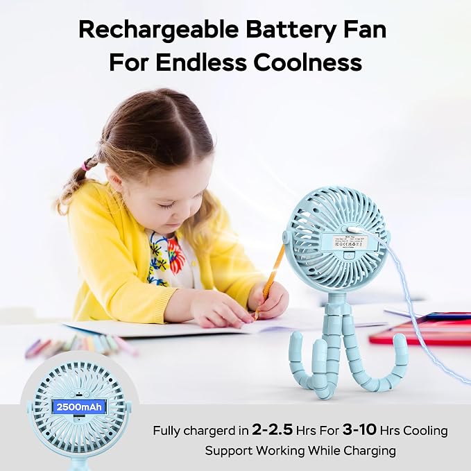 COMLIFE Baby Stroller Fan With Light, Rechargeable Battery Operated, Max 10Hrs Cooling, 3 Speeds, 360° Rotate USB Desk Fan, Flexible Tripod Clip On Fan for Stroller Car Seat Crib Treadmill Golf Cart - Image 4