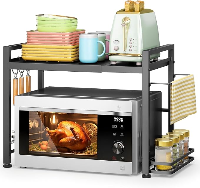Expandable Microwave Stand Kitchen Countertop Organizer With Storage, Black | Adjustable Microwave Oven Rack Metal Storage Shelf for Pans Small Appliances Kitchen Utensils Tableware, 2-Tier by DOLALIKE