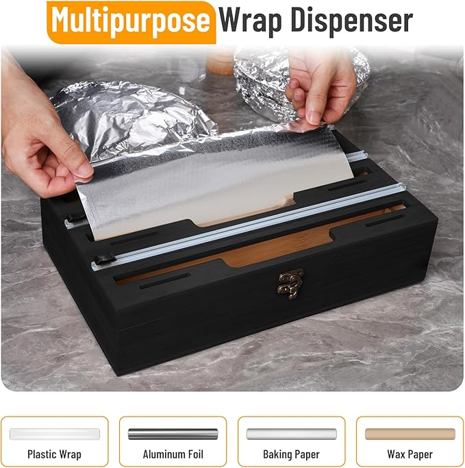 Allinside Magnetic Plastic Wrap Dispenser with Cutter, 3 in 1 Refrigerator Bamboo Wood Organizer for Tin Foil, Baking, Wax Paper Holder Kitchen Storage Box Compatible with 12.9" Roll, Black (3 Layer) - Image 5