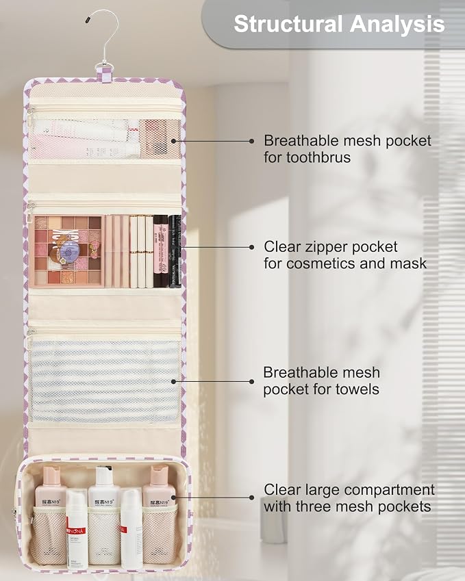 Relavel Hanging Toiletry Bag, Travel Toiletries Bag with Hanging Hook | Water Resistant Makeup Cosmetic Organizer for Full Sized Container, Shampoo, Portable Wash Bag for Essentials - Purple - Image 9