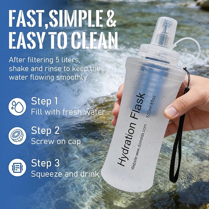 500ML Collapsible Water Bottle with Filter for Hiking, Camping & Travel - TPU Soft Flask, 0.1 Micrometer Hollow Fiber Membrane for Clearer, Better Tasting Outdoor Water(White) - Image 5