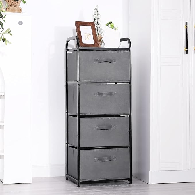 MAX Houser 4 Drawer Fabric Dresser Tall Storage Tower, Dresser Chest with Wood Top, Vertical Nightstand Side Organizer Unit with Metal Frame for Closets Bedroom Nursery Room Hallway(Leaden) | Dresser Chest with Wood Top, Vertical Nightstand Side Organi... - Image 7