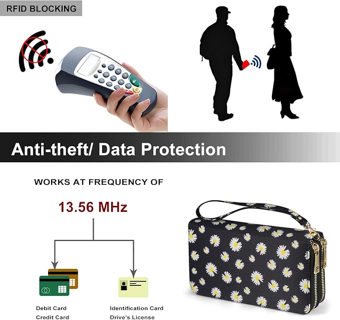 RFID Blocking Cellphone Wallet for Women with Wrist Strap, Double Zipper Travel Clutch Purse Large Capacity, Daisy - Image 5