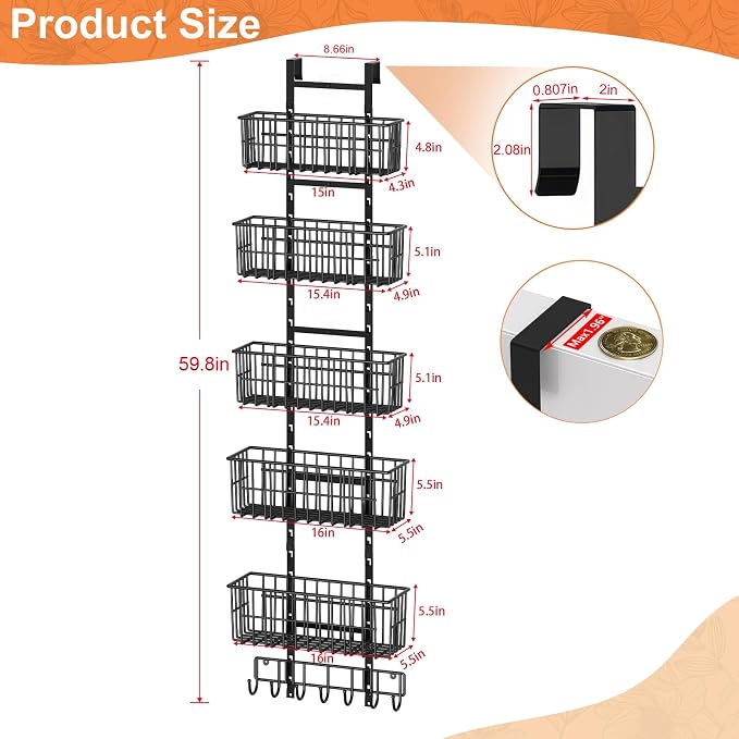 Hongtamoya Adjustable Over the Door Organizer, Metal Hanging Door Organizer with 5 Wire Basket 7 Hooks, Wall Mounted Shelf for Pantry Laundry Organization and Storage, Black - Image 2
