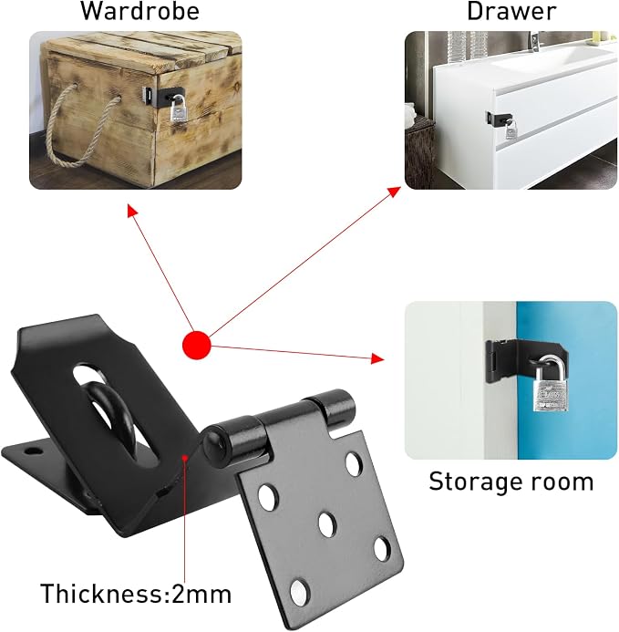 HOWDIA 4 Inch Door Lock Latch Padlock Hasp Set, 90° Latch Lock with Screws and Padlock Stainless Steel Safety Right Angle Padlock Hasp Latch Security Door Clasp Hasp for Shed/Gate/Storage Lock(Black) - Image 4