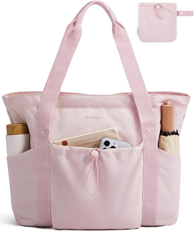 BAGSMART Foldable Tote Bag with Drawstring Bag, Tote Bag Shoulder Bag Top Handle Handbag for Travel, Work, Beach, Gym by BAGSMART