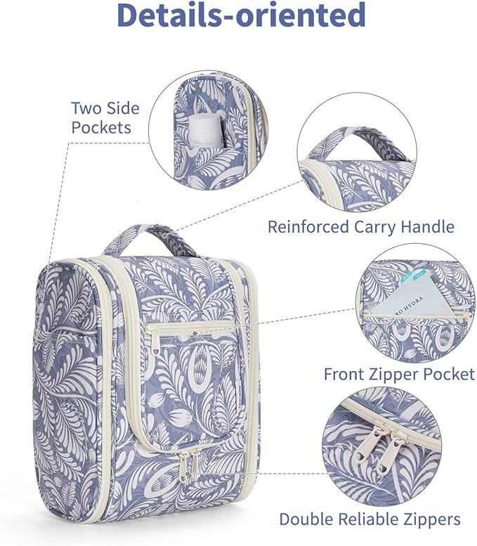 Narwey Small Hanging Toiletry Bag Women Travel Makeup Bag Organizer Toiletries Bag for Travel Size Essentials Accessories Cosmetics (Medium, Blue Leaf) - Image 6
