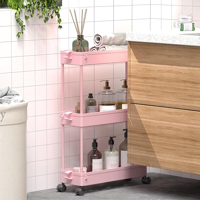 SPACEKEEPER Slim Rolling Storage Cart, 3 Tier Bathroom Cart Organizer, Pink | Narrow Rolling Cart with Wheels for Kitchen Office Bathroom Laundry Room,Mobile Utility Cart for Craft Art Makeup Nail Polish - Image 4