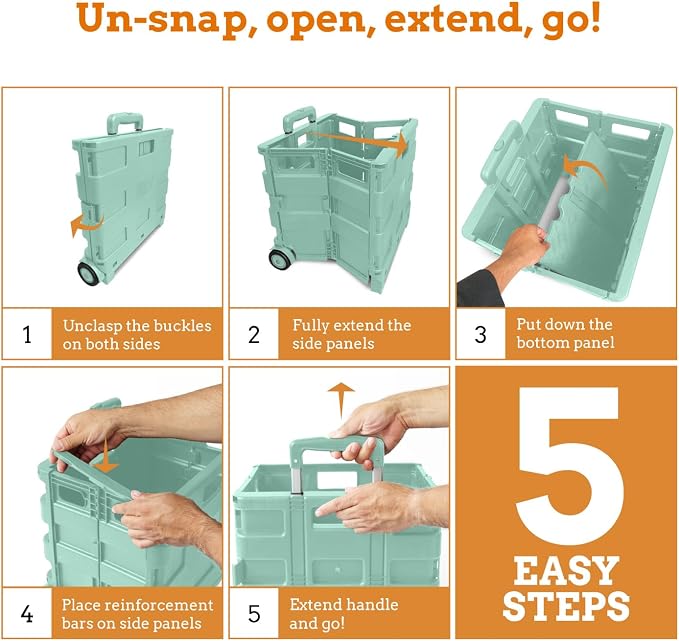 Inspired Living Ultra-Slim Rolling Collapsible Storage Pack-N-Roll Utility-carts, with Telescopic Handle, for Home, Garden, Shopping, Office, School use, Large, Mint - Image 6