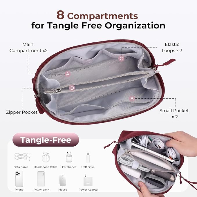 FYY Travel Cable Organizer - 8 Compartments, Lightweight, Water Repellent | With Wrist Strap, Portable Tech Pouch for Cord Charger, Travel and Business Trips Use, Soft Shell Nylon, Wine Red (Small) - Image 4