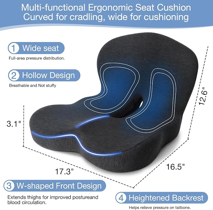 Memory Foam Seat Cushion, Chair Cushion for Office Chair, Car Seat, Relieving Pressure Tailbone Sciatica Back Pain for Long Sitting Office Workers, Car Drivers, Black - Image 3