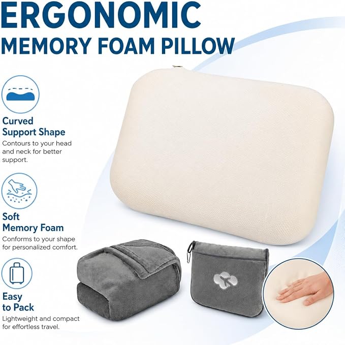 Blanket Pillow for Airplane Travel Essentials -3 In 1 Plane Travel Set Gray | Memory Foam, Compact with Bag, Fleece Soft for Long Flight Traveling Car Road Trip Flying Accessories, for Adult Women - Image 5