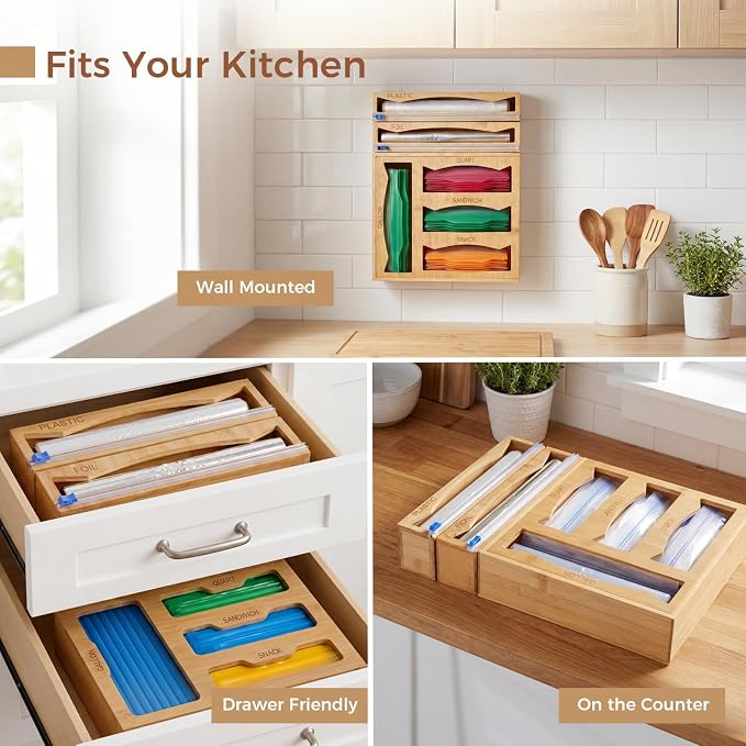 6-in-1 Bamboo Kitchen Drawer Organizer for Storage Bag, Foil & Plastic Wrap | Saran Wrap Dispenser with Cutter, Plastic & Grocery Bag Holder, Bamboo Drawer Organizer, Gallon/Quart Storage Bags - Image 7