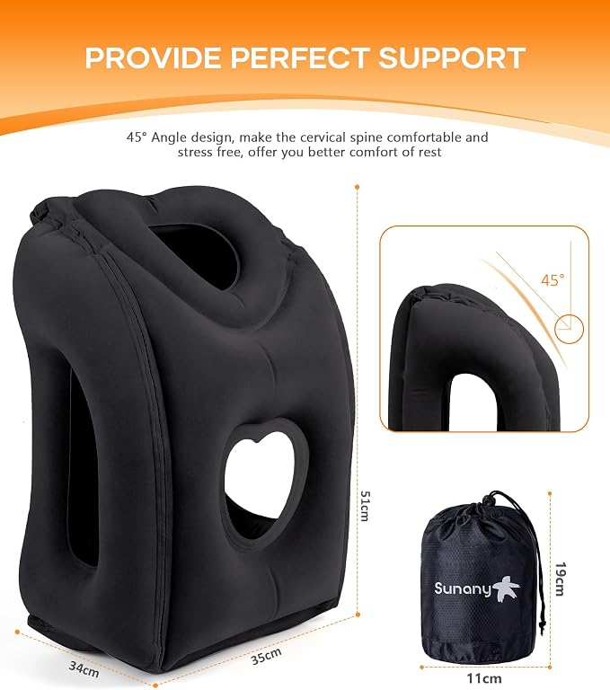 Sunany Travel Pillow, Upgraded Plane Pillow for Long Flights, Inflatable Neck Pillow Used for Airplanes,Cars,Buses,Trains,Office Napping with Eye Mask,Earplugs (Black) - Image 5