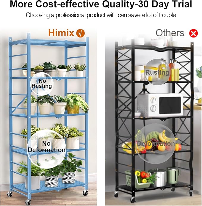 Himix 5-Tier Foldable Storage Shelves with 20 Hooks Wheels Garage Blue | Folding Standing Shelving, Metal collapsible organization, Wire shelf, No assembly, Home, Kitchen, Greenhouse, Holds 440 Ibs - Image 7
