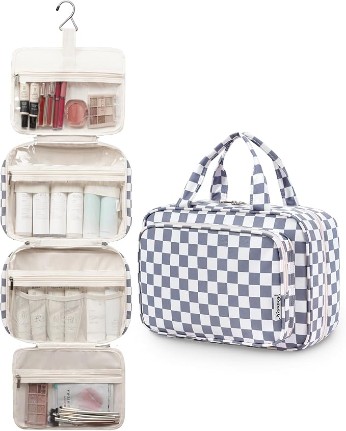Narwey Travel Toiletry Bag for Women Large Hanging Makeup Bag Organizer Toiletries Bag for Full Size Essentials Accessories Cosmetics (Grayish Blue Checkerboard (Large)) - Image 4