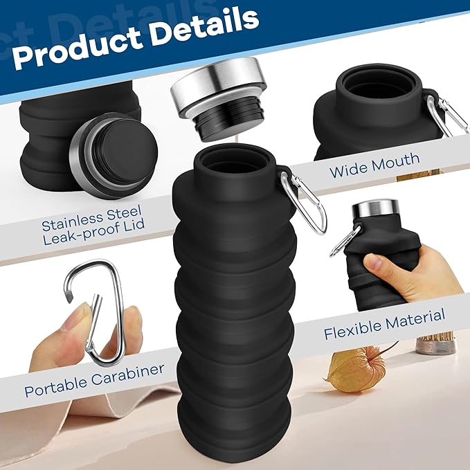 Collapsible Water Bottles 17oz, Portable Leak-Proof Travel Water Bottle, Reusable BPA Free Silicone Foldable Water Bottle with Carabiner for Gym, Traveling, Camping, Hiking, Sports(Black+Blue) - Image 6