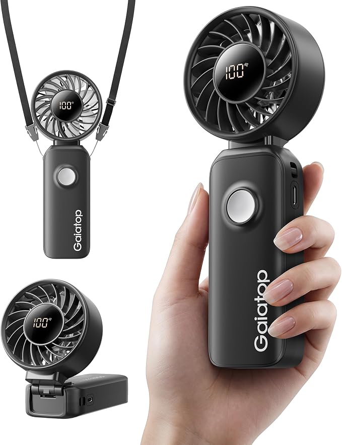 Gaiatop Portable Handheld Fan, Quiet 3 IN 1 Neck/Desk/Hand Fan | Max 18 Working Hours, 5 Speed Rechargeable Battery, Cooling for Travel, Beach, Women/Men Outdoor Activities Gifts Black by GAIATOP