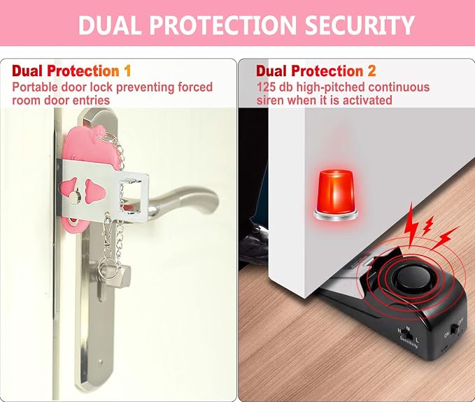MBBEST Hotel Door Lock & Door Stop Alarm,Dual Protection Security Devices Pocket Door Stopper Self Defensey Tools for Hotel Travel Home Apartment House, Pink/Pink - Image 5