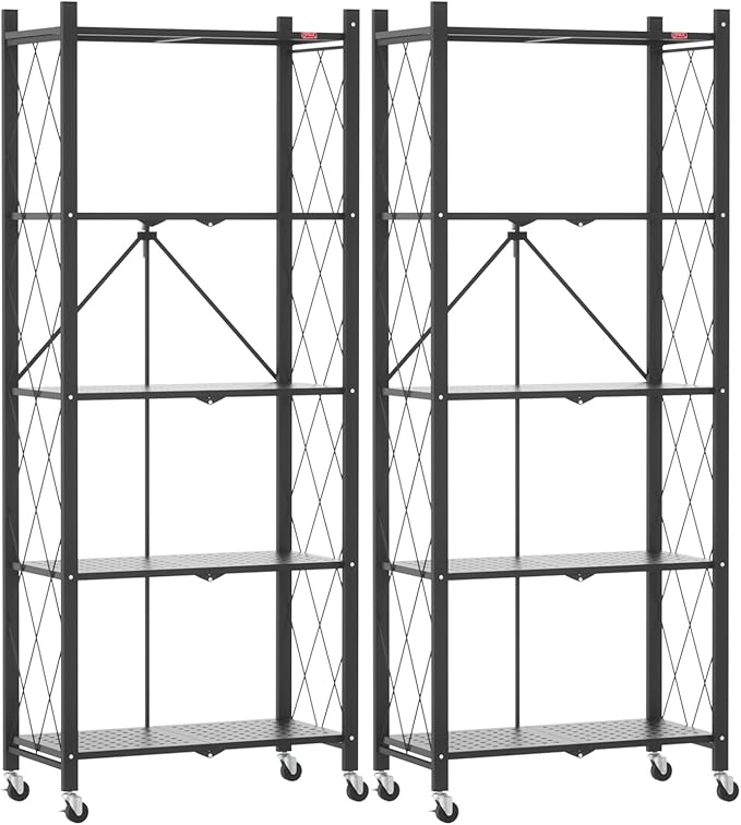 DEANIC 5-Shelf Folding Bookcase with Wheels, Heavy Duty Storage Shelves, Freestanding Metal Wire Shelving Unit for Living Room, Office, Kitchen, Basement, Pantry(Black 2 Pack) by ShowNow