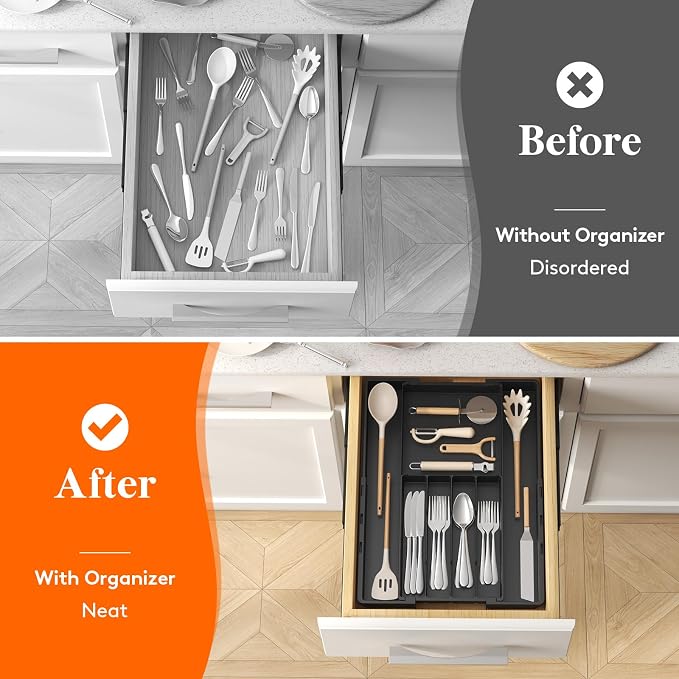 Lifewit Expandable Silverware Drawer Organizer, Utensil Tray for Kitchen | BPA Free Flatware Cutlery Holder, Adjustable Plastic Storage Spoons Forks Knives, 8.9-14.3 x 11.3-19.4 x 1.7", Black - Image 8