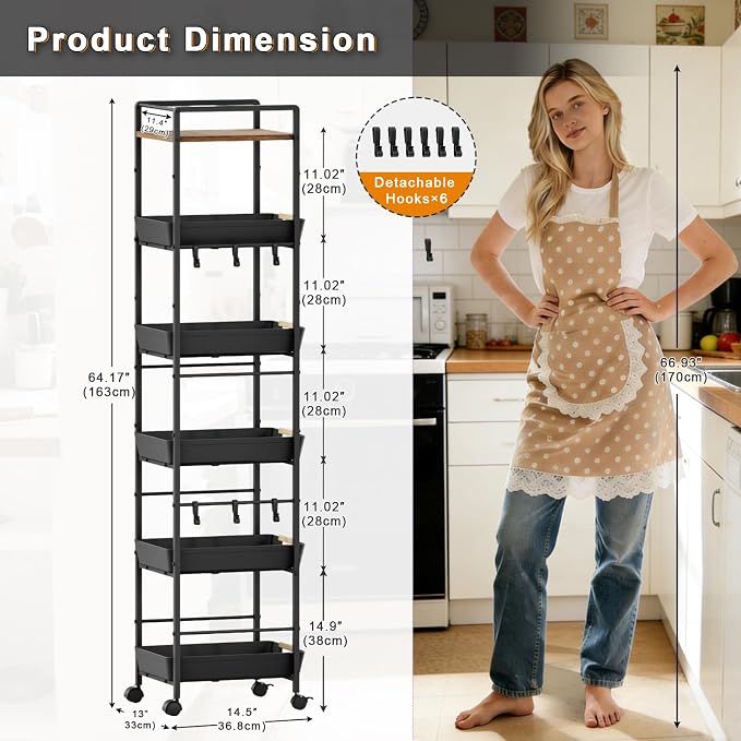 6-Tier Slim Rolling Storage Cart with Wheels, Metal Organizer Tall Rolling Cart, Wood Top Narrow Mobile Utility Cart with Pull-Out Baskets for Kitchen, Bathroom, Laundry Room, 13in(W) Black - Image 5