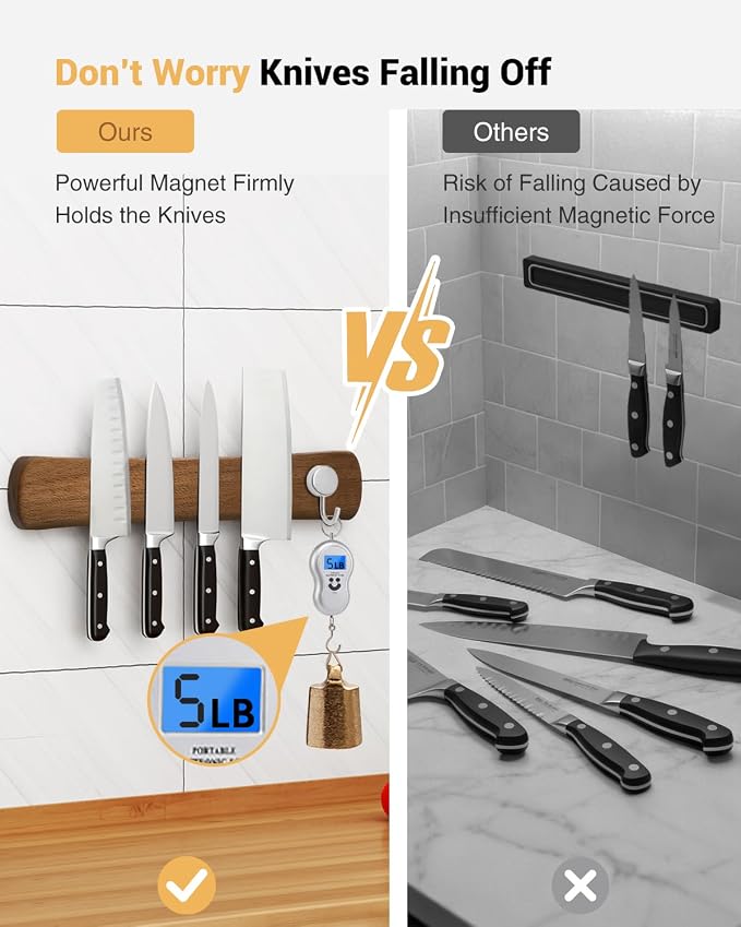 Magnetic Knife Holder, 24 Inch Acacia Wood Knife Strip for Wall or Fridge | Fridge Magnetic or Screw-Mounted, Strong Magnet Secures Knives, Space-Saving, Kitchen Knife Storage, Housewarming Gift - Image 4