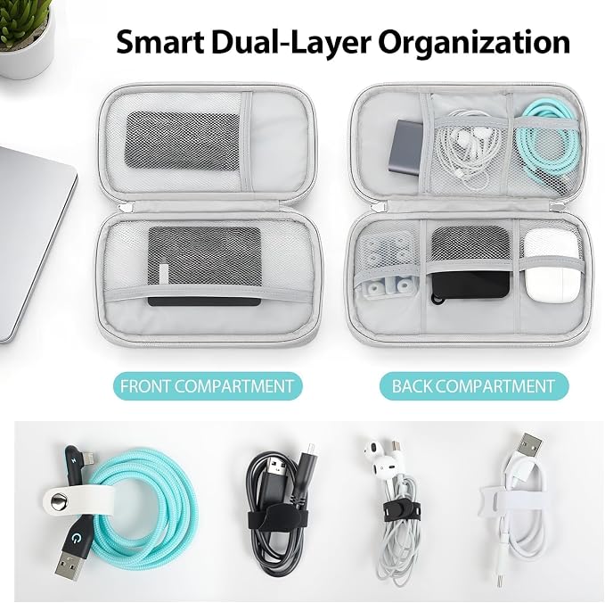 Travel Electronics Organizer, Double Layer Cable Bag, Light Gray | Anti-tangle 8 compartments for 3ft+ cords. Water-resistant Oxford fabric with padded lining. Includes 8 cable ties. - Image 3