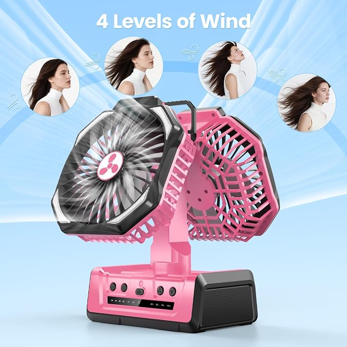 Dual Head Portable Rechargeable Fan 20000mAh Battery Powered Camping Fan Cordless with LED Lantern & Remote, Auto Oscillation, Hook, Battery Operated for Tent Office Travel Picnic Jobsite Pink - Image 3