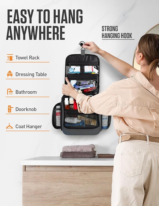 VENTURE 4TH Hanging Travel Toiletry Bag, 18 Compartments - Gray | Hangs on rails, hooks or doors; stands upright. Removable TSA pouch. Water-resistant Nylon 290D Twill, reinforced stitching. - Image 4