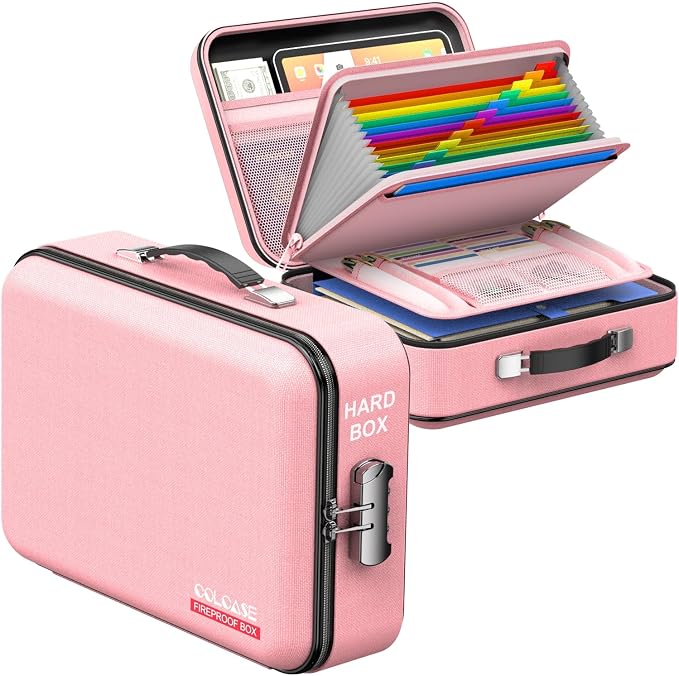 Fireproof Document Organizer with Lock, Hard Fireproof Document Box | Hard-Shell Fireproof Waterproof Document Box with Combination Lock Pink by COLCASE