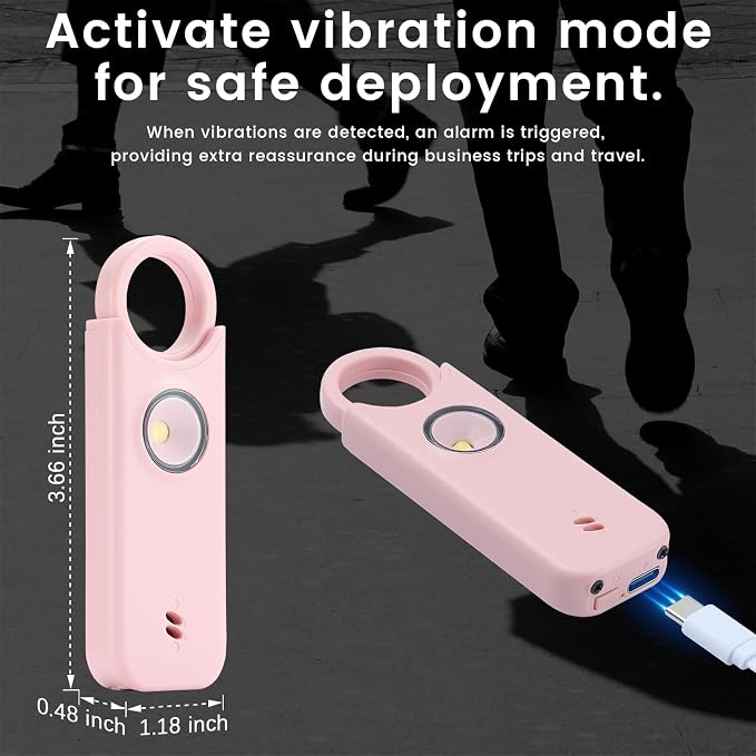 TIPSEAN Personal Safety Alarm - 135dB Ultra Loud Siren with LED Strobe Light, USB-C Rechargeable, Compact Keychain Alarm for Women/Men, Emergency Flashlight & Vibration Alert(Pink) - Image 6