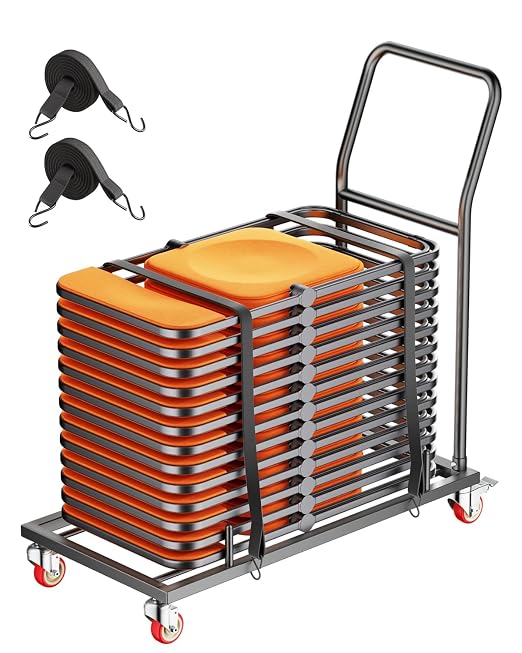 VEVOR Folding Chair Rack, 300 LBS Capacity, L-Shape Horizontal Placement Chair Cart for 25 Chairs, Heavy-Duty Metal Chair Storage Dolly with Rubber Wheels and Holders, Large Chair Holder, Matte Black | 300LBS Folding Chair Rack with Rubber Wheels & Hol... by VEVOR