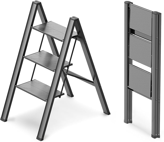 3 Step Ladder, Foldable Step Stool, 300lbs Load, Black | Folded 35''H x 2''T; Net 7.99 lbs; Rigid Aluminum Steps; No Assembly; For Home, Kitchen, Office, Pantry, Closets, Cabinets by WOAWOAHOME
