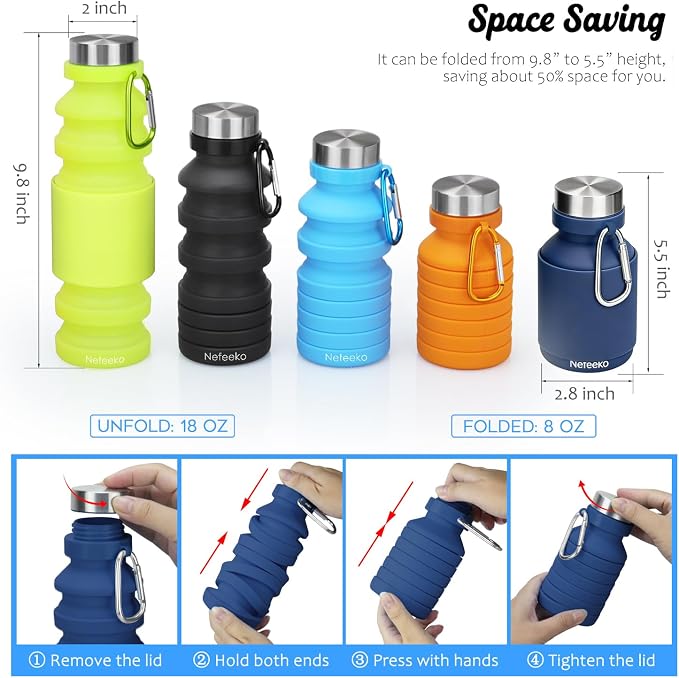 Nefeeko Collapsible Water Bottle, Reuseable BPA Free Silicone Water Bottles | Foldable Water Bottles for Travel Gym Camping Hiking, Portable Leak Proof Sports Water Bottle with Carabiner - Image 5