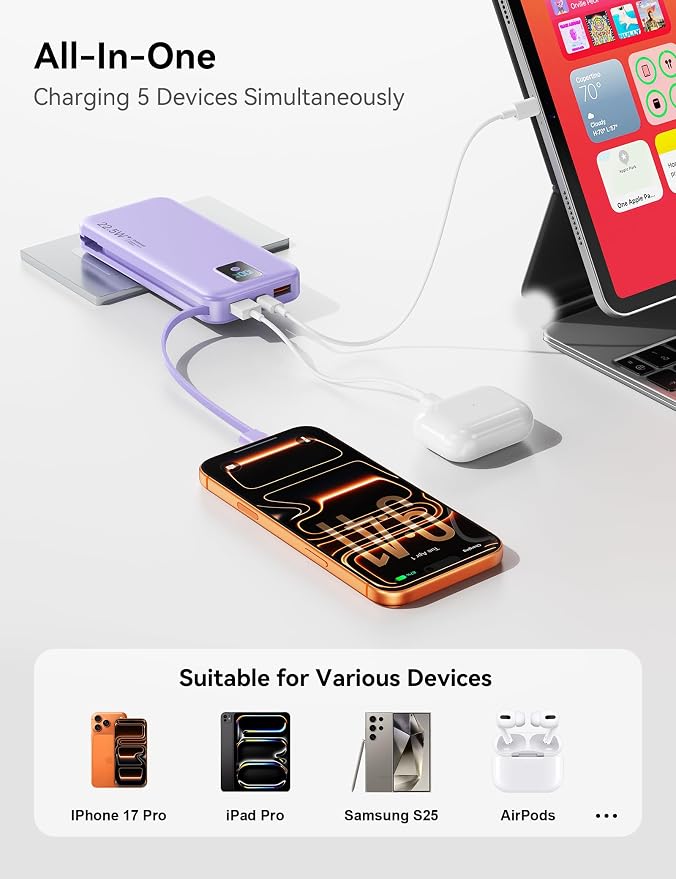 Portable Charger 12000mAh 22.5W w/Built-in Cable & Wall Plug Purple | 22.5W fast charging, LED display, Charging 5 devices at once, Pass through charging, TSA approved, Compatible with iPhone - Image 7
