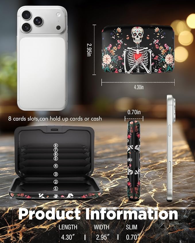 Maicican RFID Blocking Aluminum Credit Card Holder | Slim Metal Wallet for Women & Men, Business Card Case for Travel, Fits Front Pocket, Card holder wallet - Flower Skull - Image 6