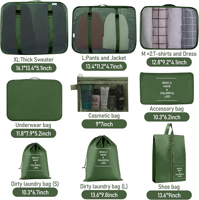 Packing Cubes for Travel- 8 Set Luggage Organizer Bags for Family, Mesh Breathable Travel Packing Cubes for Suitcases Durable Travel Essentials Bags Set (Green, 10 Set) - Image 2