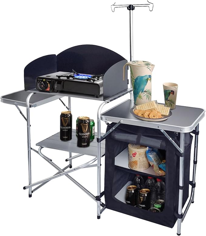 CampLand Folding Camping Kitchen Table with Windscreen,Portable Outdoor Cooking Station with Storage Cabinet & Side Tables Heavy Duty Camp Cook Station for Camping & BBQ (Black) by CampLand