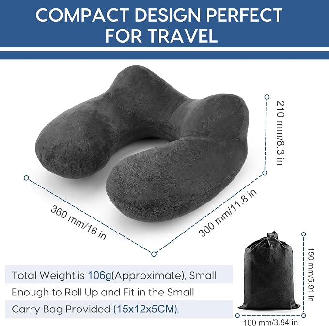 Inflatable Travel Pillow for Airplane Inflatable Neck Pillow for Traveling with Soft Velvet Washable Cover for Sleeping, Airplane,Train, Car, Office, Contoured Eye Masks, Earplugs (Dark Gray) - Image 6