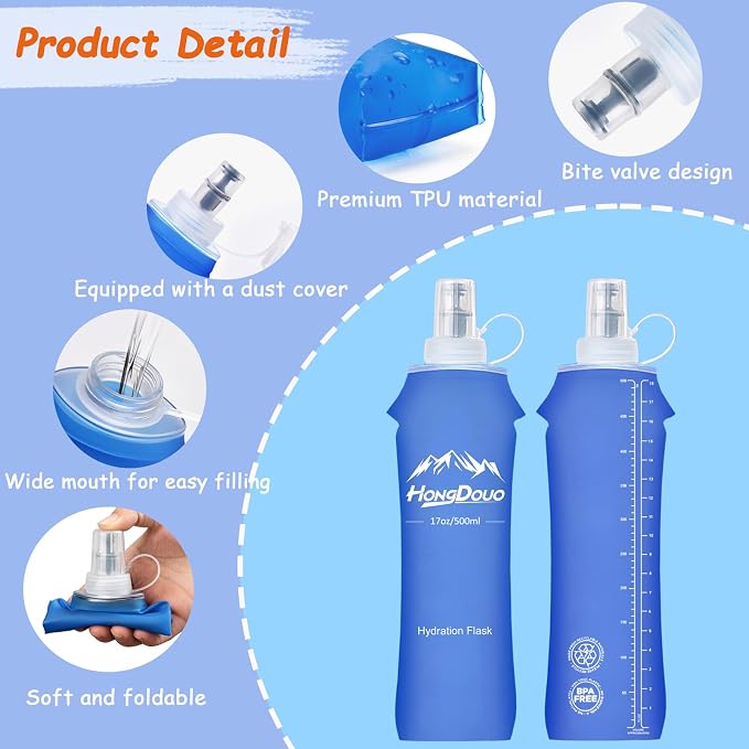 Flexible Running Bottles - Two Pack: 500ml/17oz, Foldable, BPA/PVC Free Soft Flask for Hydration Vests and Running Packs, Collapsible Leak-proof Pocket Bottle for Jogging, Hiking, Cycling, Climbing - Image 4
