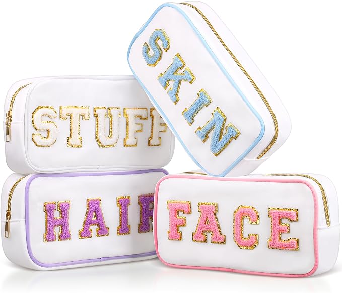Preppy Makeup Bags Chenille Letter Stuff Bag Nylon Cosmetic Pouch Cases with Zipper for Women Travel Toiletry(White Set,Novel,4 Pcs) by Cunno