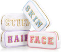 Preppy Makeup Bags Chenille Letter Stuff Bag Nylon Cosmetic Pouch Cases with Zipper for Women Travel Toiletry(White Set,Novel,4 Pcs) by Cunno