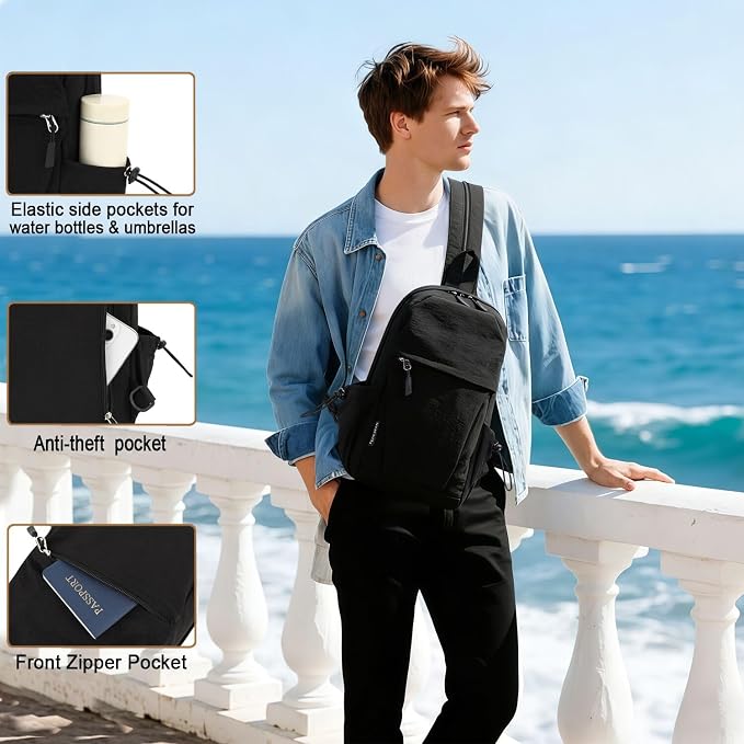 Carbon Lined Backpack,Waterproof Zipper Sling Backpack,Travel Chest Shoulder Bag,Lightweight Unisex Crossbody Casual Daypack for Men & Women (Black) - Image 6