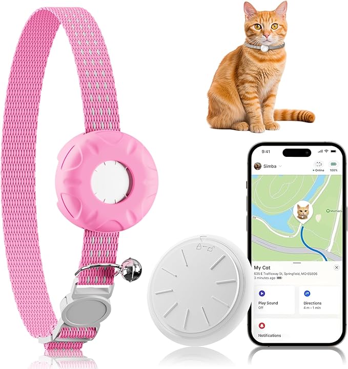 GPS Tracker for Cats,Cat Tracker with Real-Time Location, Pet Tracker with Cat Collar,Compatible with Apple Find My App (Only iOS),No Monthly Fee,Waterproof,Anti-Lost Device (Pink) by ZFSJTAG