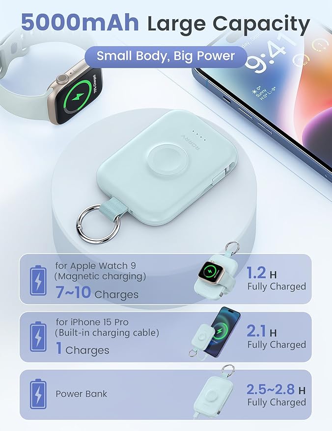 RORRY CharmGo Portable Charger, 5000mAh Portable Charger Power Bank | Built-in Cables,Travel Keychain Battery Pack Essentions for Apple Watch 1~11 Series/Ultra/SE & iPhone Air/17/16/15/14/13/12 - Image 3